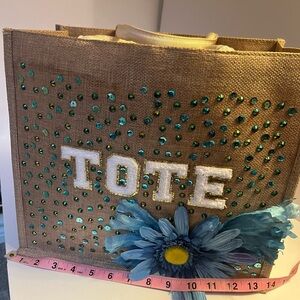 Embellished Tote Bag with Blue Flower